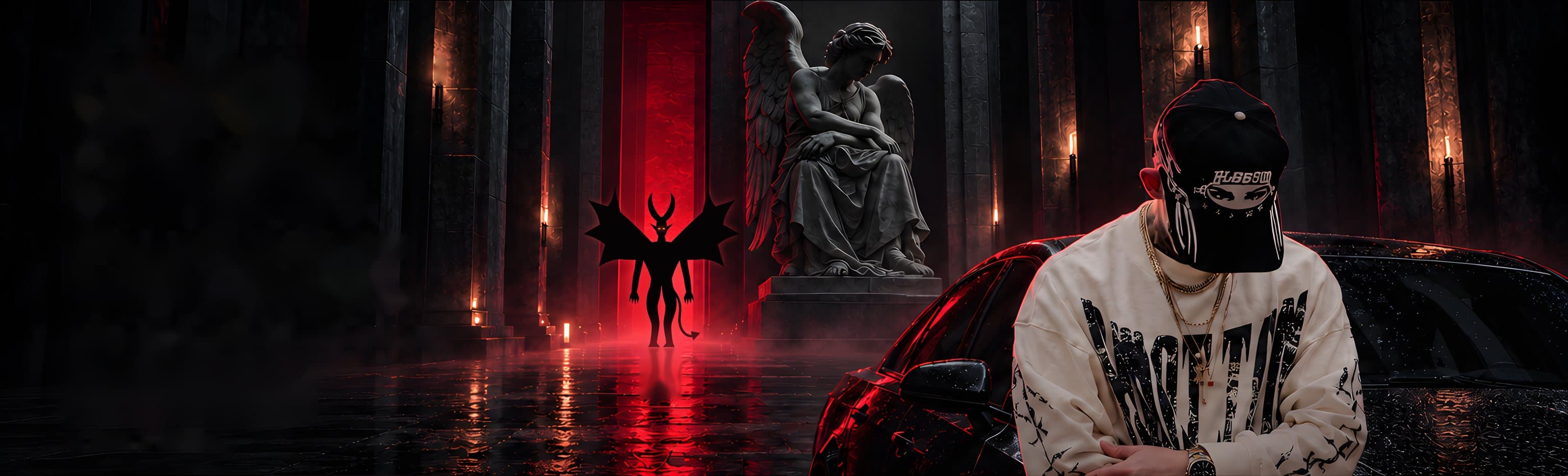 Milian Lastre Zequeira leaning on a black car in a gothic nave at night; behind him, a stone angel and a demon in a red-lit doorway.